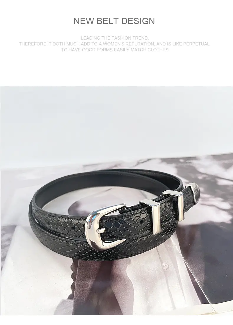 Women's Black Croc Leather Belt with Gold Buckle — feature 13