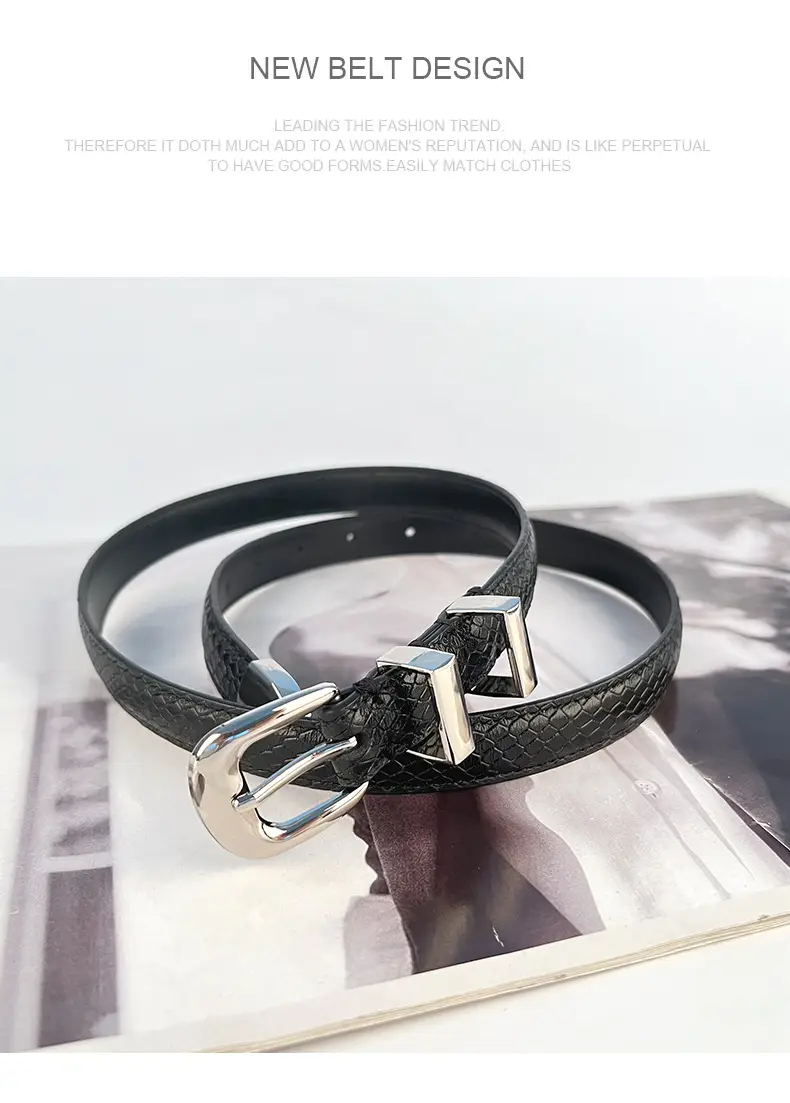 Women's Black Croc Leather Belt with Gold Buckle — feature 14