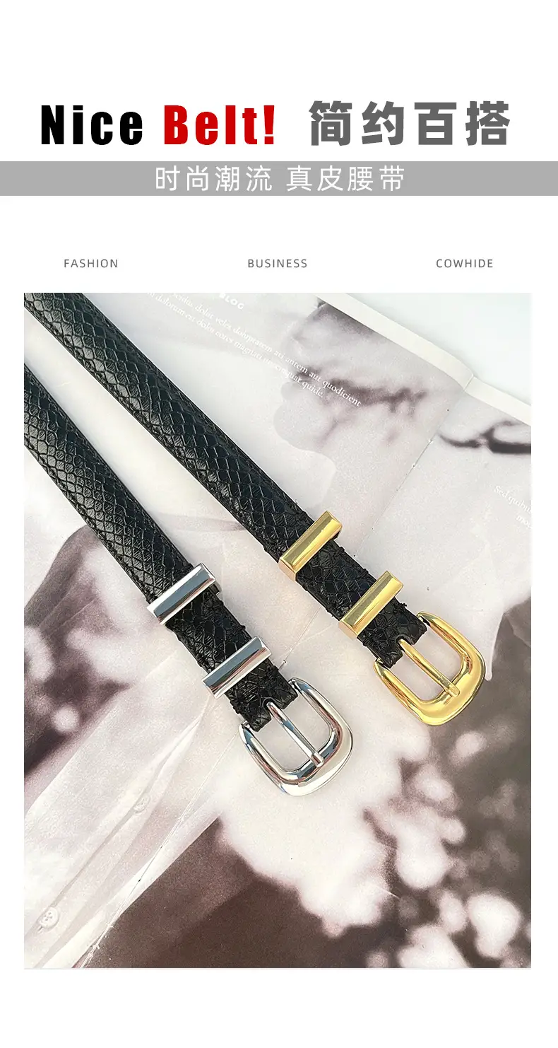 Women's Black Croc Leather Belt with Gold Buckle — feature 4