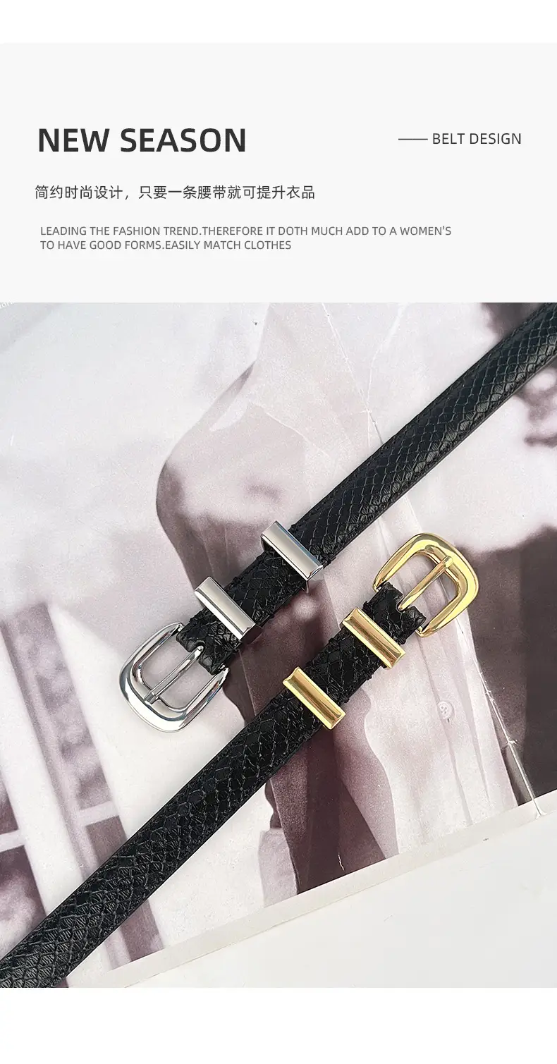 Women's Black Croc Leather Belt with Gold Buckle — feature 5