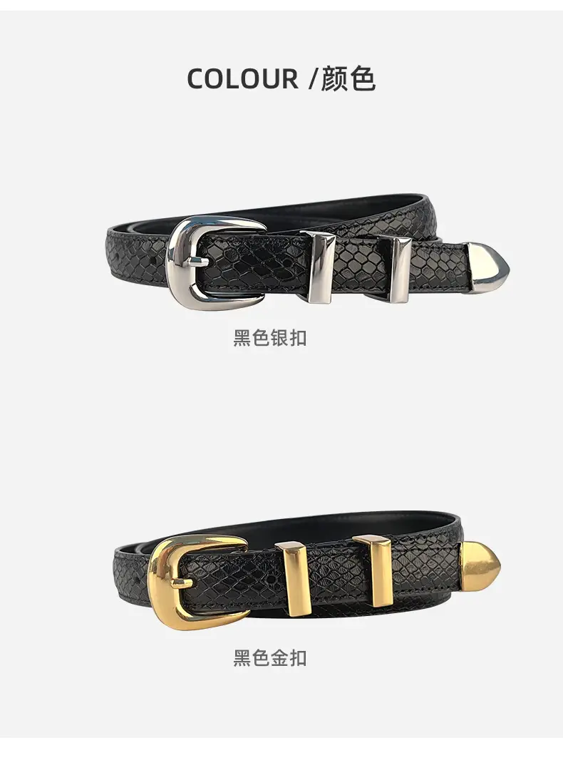 Women's Black Croc Leather Belt with Gold Buckle — feature 9