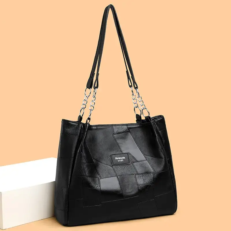 Black PU Leather Shoulder Bag for Women College Student
