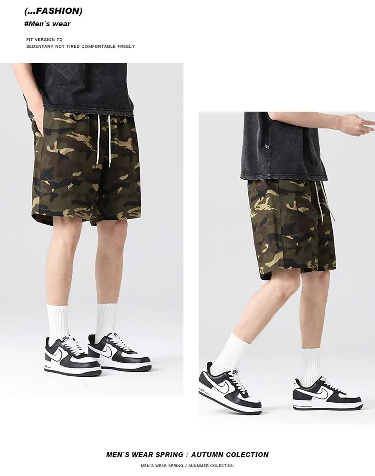 Men Camouflage Cotton Shorts Loose Sports Casual Black — feature 12