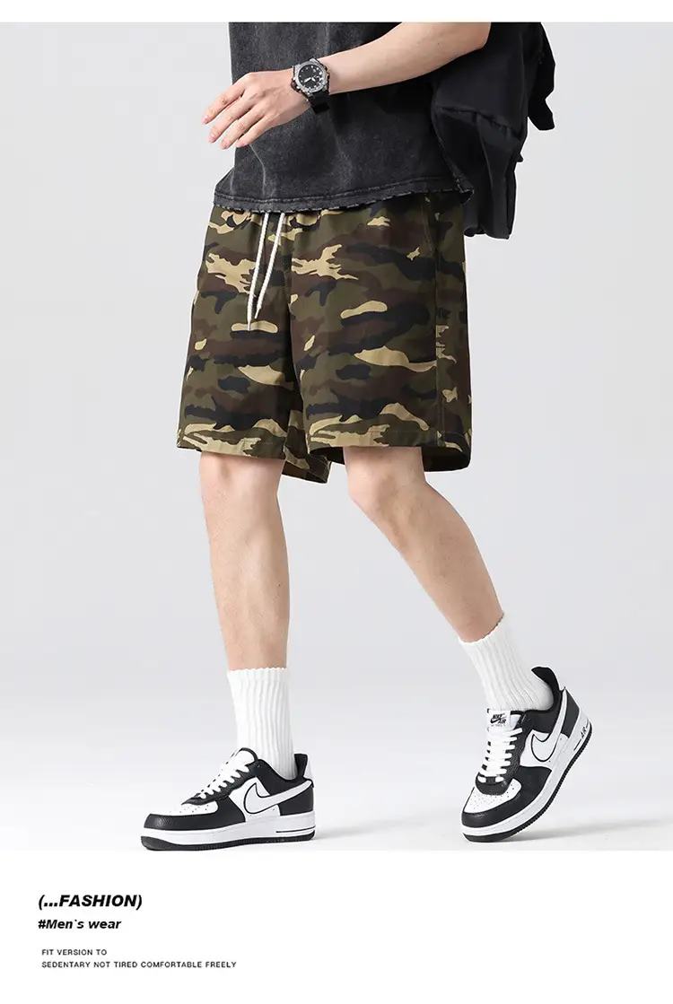 Men Camouflage Cotton Shorts Loose Sports Casual Black — feature 14