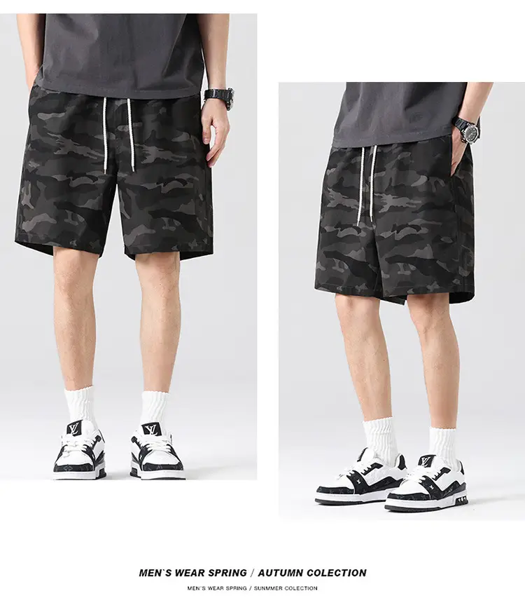 Men Camouflage Cotton Shorts Loose Sports Casual Black — feature 15