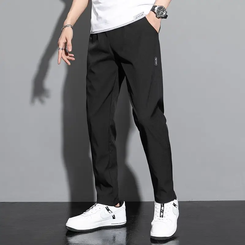 Men's Black Ice Silk Casual Pants 2024 Summer