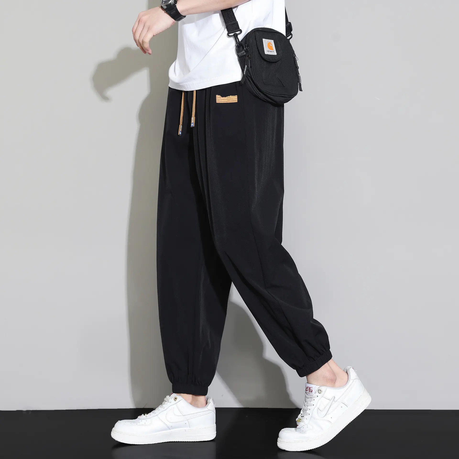 Men's Black Ice Silk Casual Pants 2024 Summer