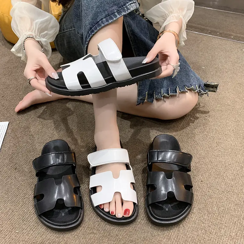 2024 Summer New Thick-soled Sandals and Slippers Foreign Trade plus size One-word Velcro Color Matching Casual Women's Shoes All-match - Image 17