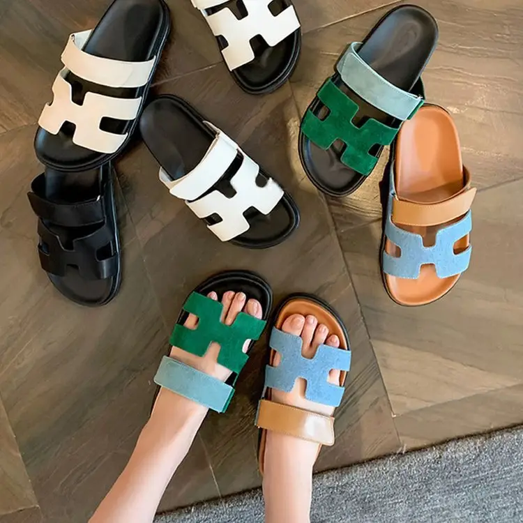 2024 Summer New Thick-soled Sandals and Slippers Foreign Trade plus size One-word Velcro Color Matching Casual Women's Shoes All-match — feature 1