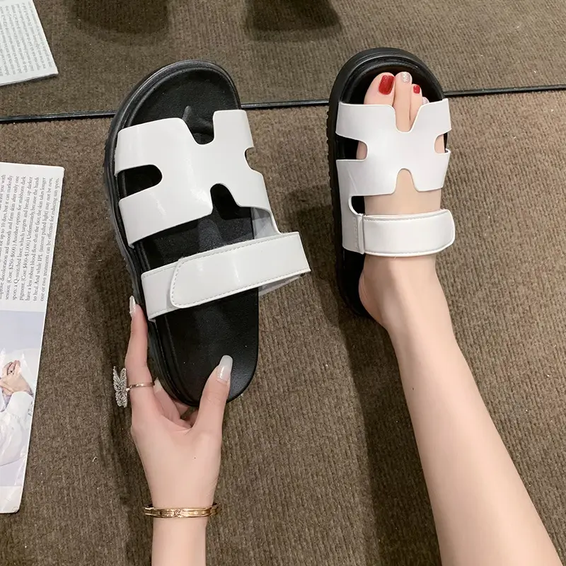 2024 Summer New Thick-soled Sandals and Slippers Foreign Trade plus size One-word Velcro Color Matching Casual Women's Shoes All-match — feature 10
