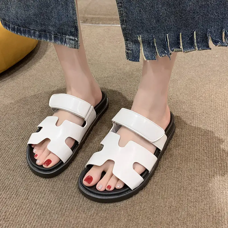2024 Summer New Thick-soled Sandals and Slippers Foreign Trade plus size One-word Velcro Color Matching Casual Women's Shoes All-match — feature 12