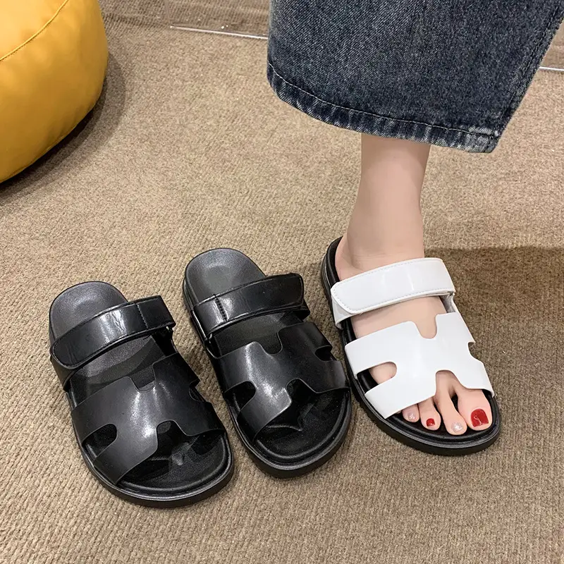 2024 Summer New Thick-soled Sandals and Slippers Foreign Trade plus size One-word Velcro Color Matching Casual Women's Shoes All-match — feature 13