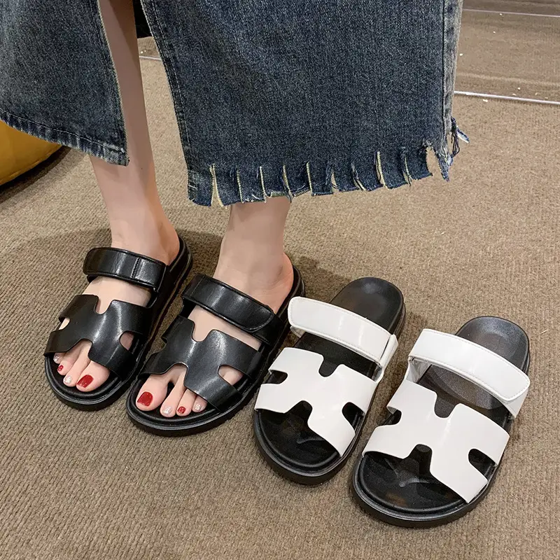 2024 Summer New Thick-soled Sandals and Slippers Foreign Trade plus size One-word Velcro Color Matching Casual Women's Shoes All-match — feature 14