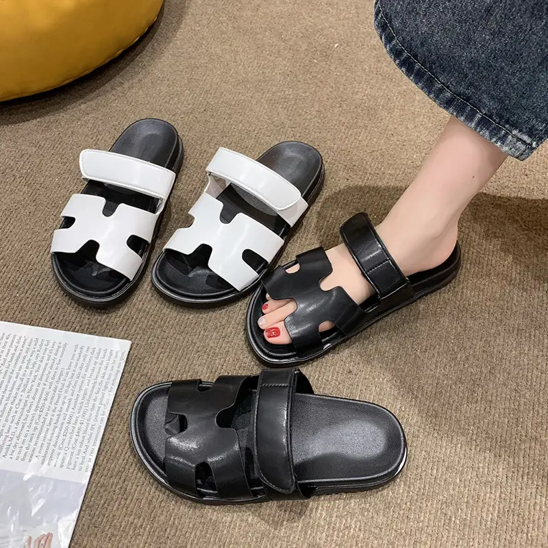 2024 Summer New Thick-soled Sandals and Slippers Foreign Trade plus size One-word Velcro Color Matching Casual Women's Shoes All-match — feature 15