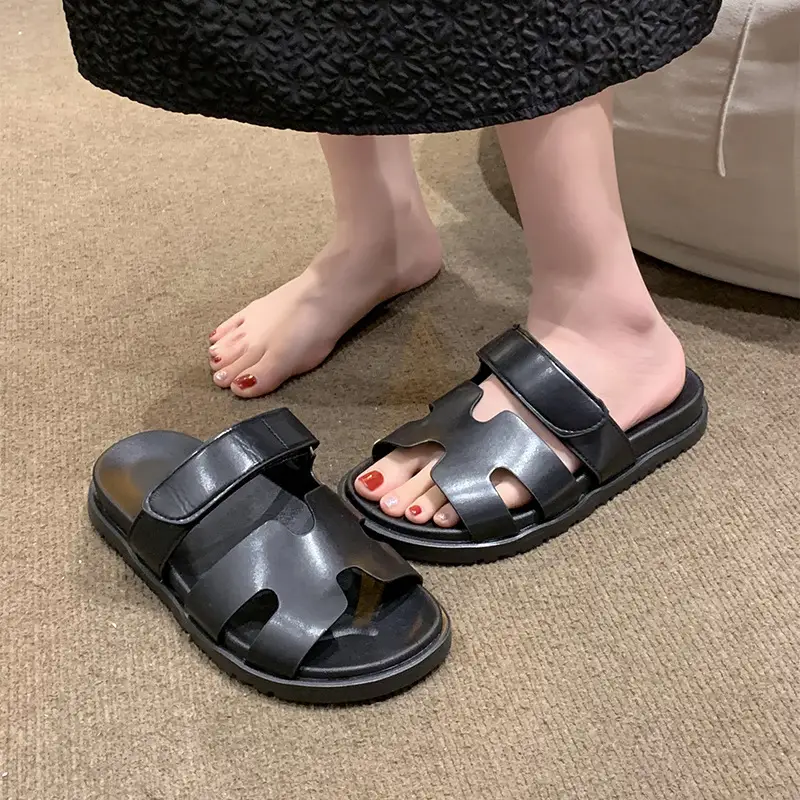 2024 Summer New Thick-soled Sandals and Slippers Foreign Trade plus size One-word Velcro Color Matching Casual Women's Shoes All-match — feature 16