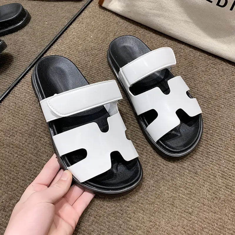 2024 Summer New Thick-soled Sandals and Slippers Foreign Trade plus size One-word Velcro Color Matching Casual Women's Shoes All-match — feature 18