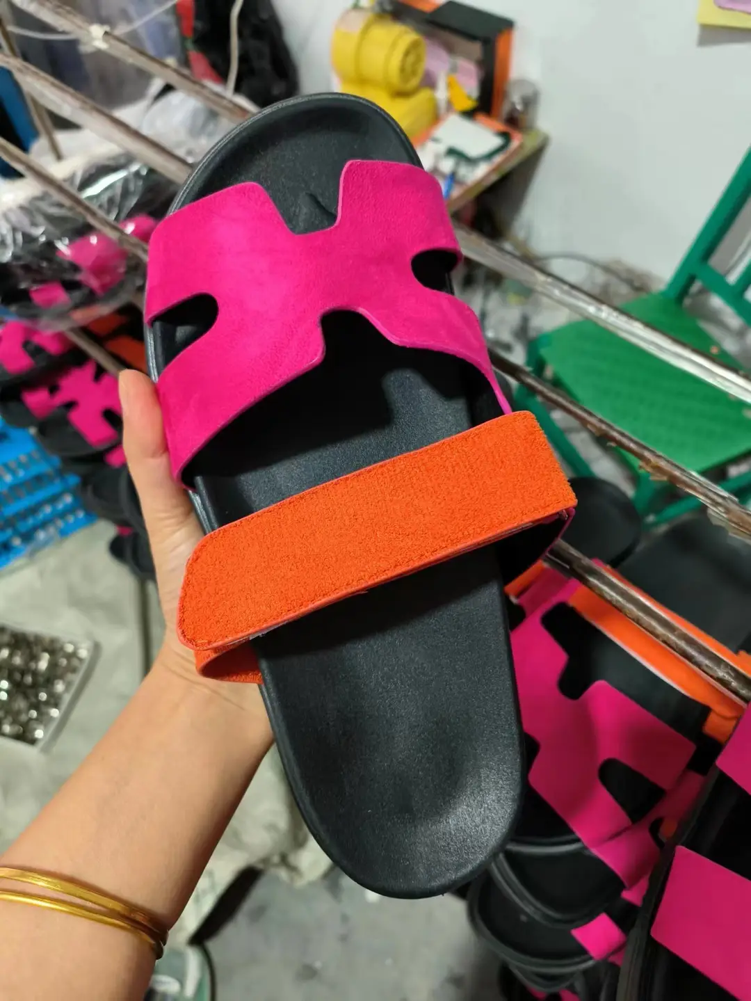 2024 Summer New Thick-soled Sandals and Slippers Foreign Trade plus size One-word Velcro Color Matching Casual Women's Shoes All-match — feature 19