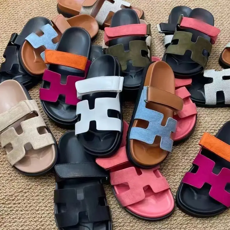 2024 Summer New Thick-soled Sandals and Slippers Foreign Trade plus size One-word Velcro Color Matching Casual Women's Shoes All-match — feature 20