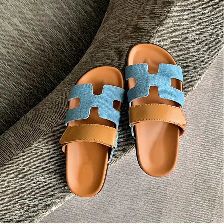 2024 Summer New Thick-soled Sandals and Slippers Foreign Trade plus size One-word Velcro Color Matching Casual Women's Shoes All-match - Image 3