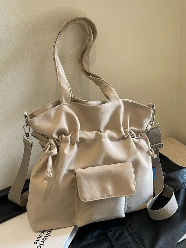 Black Pleated Drawstring Tote Bag for Women 2026 - Image 5