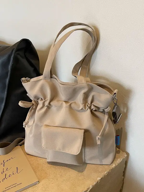 Black Pleated Drawstring Tote Bag for Women 2026 - Image 6