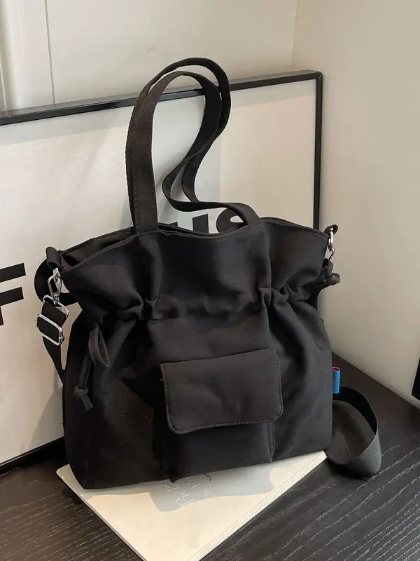 Black Pleated Drawstring Tote Bag for Women 2026 - Image 7