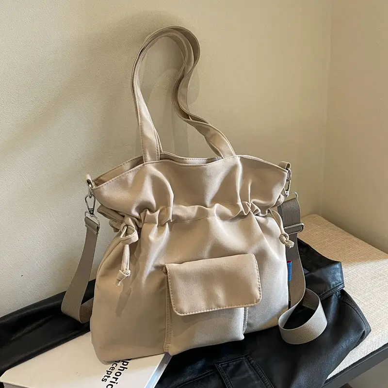 Black Pleated Drawstring Tote Bag for Women 2026 - Image 3