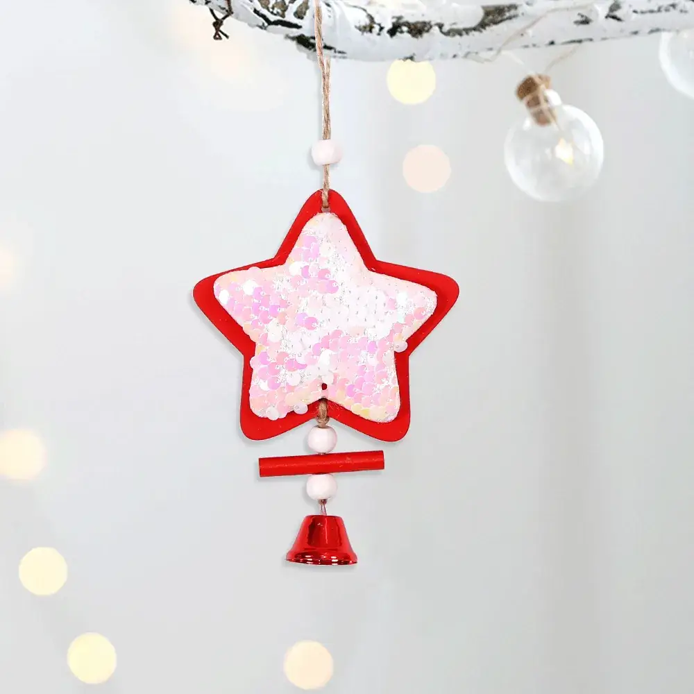2025 Christmas Wooden Star Pendant with Bell & Tree Design - Image 3