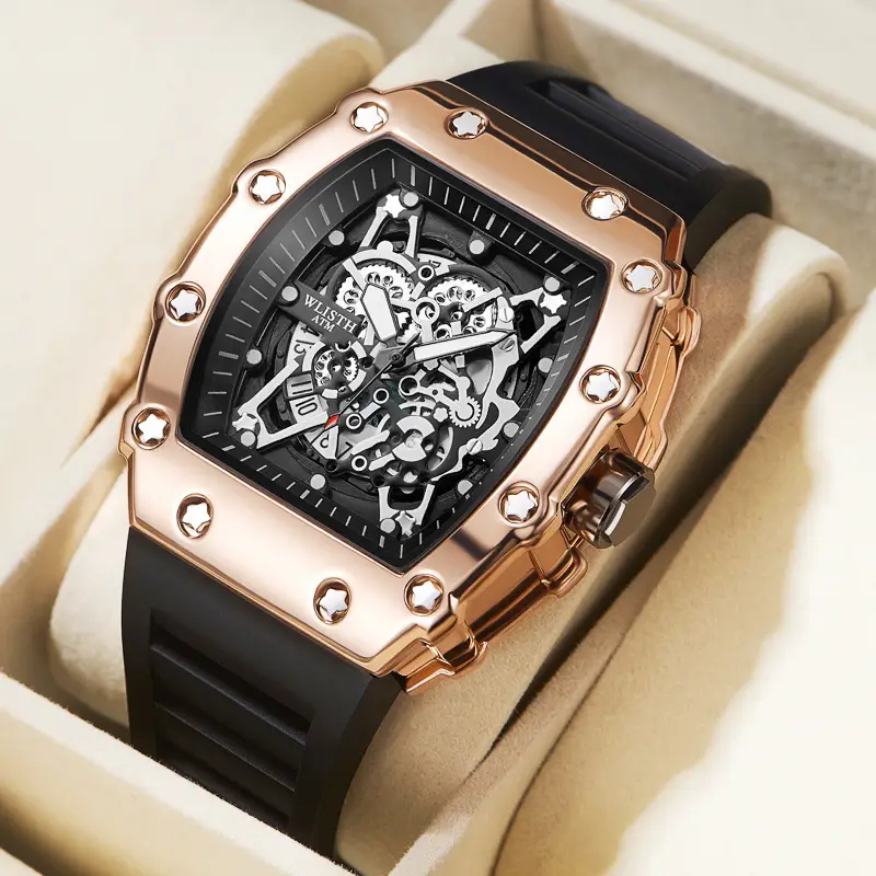 Men's Rose Gold Skeleton Watch with Black Strap - Image 3