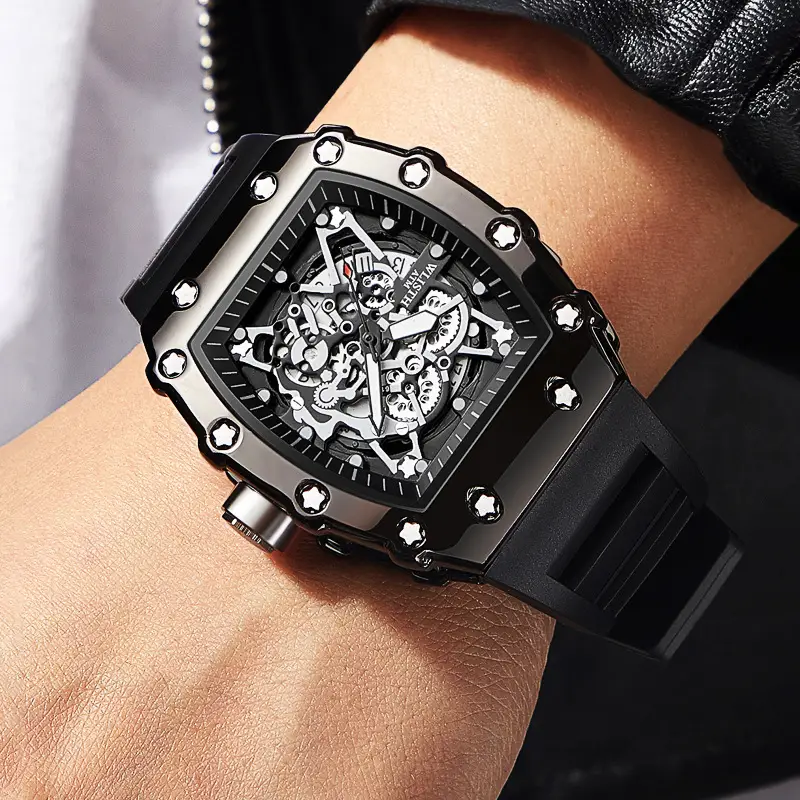 Men's Rose Gold Skeleton Watch with Black Strap - Image 4