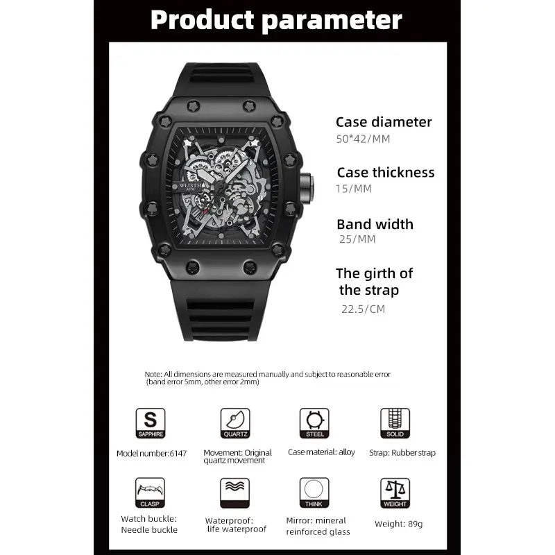 Men's Rose Gold Skeleton Watch with Black Strap - Image 5