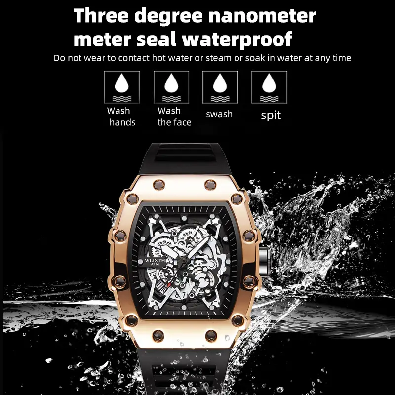Men's Rose Gold Skeleton Watch with Black Strap - Image 6