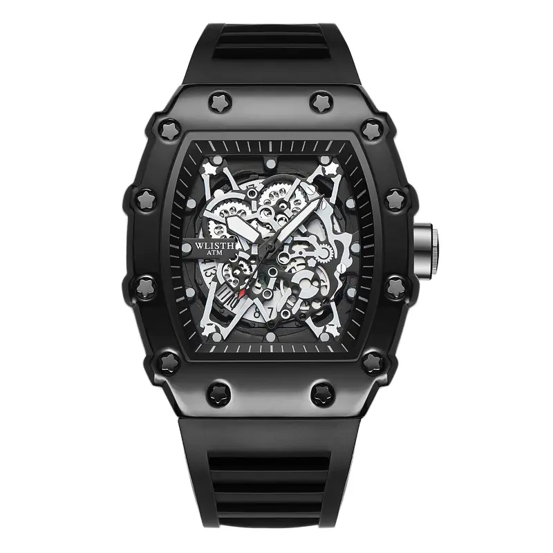 Men's Rose Gold Skeleton Watch with Black Strap