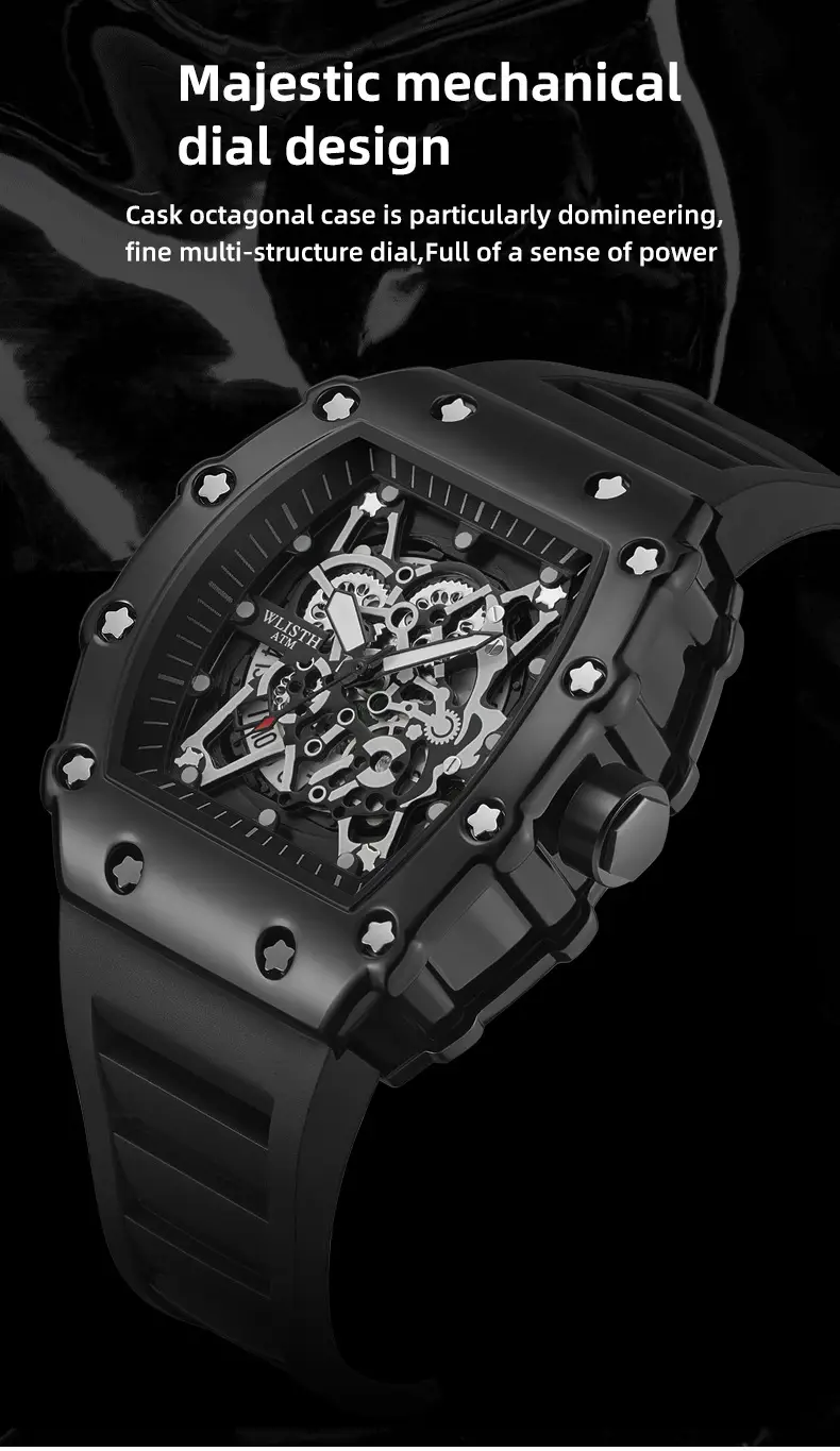 Men's Rose Gold Skeleton Watch with Black Strap — feature 1