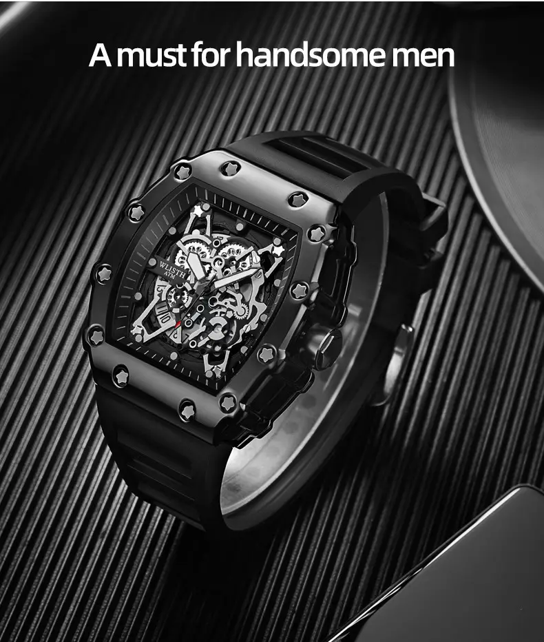 Men's Rose Gold Skeleton Watch with Black Strap — feature 11