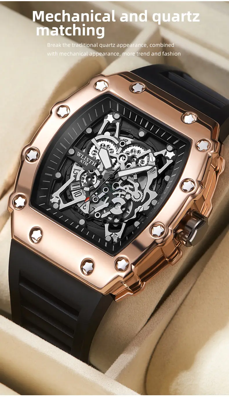 Men's Rose Gold Skeleton Watch with Black Strap — feature 2