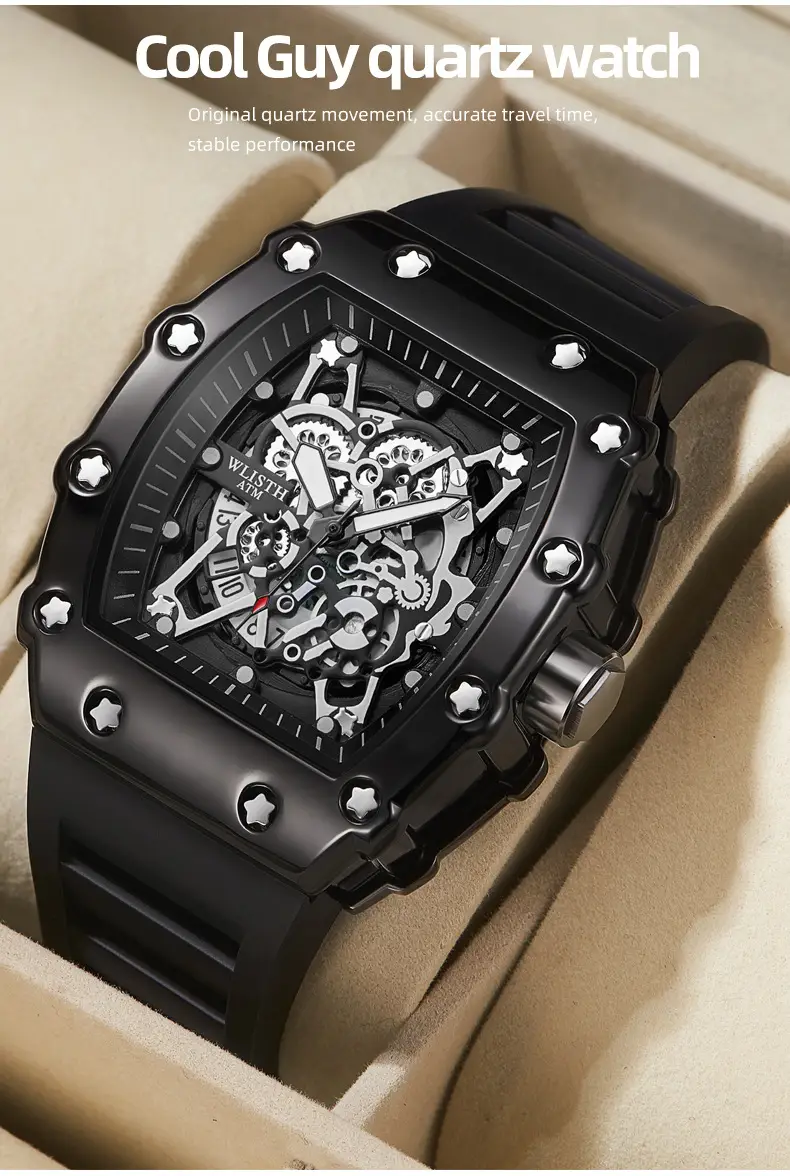 Men's Rose Gold Skeleton Watch with Black Strap — feature 3