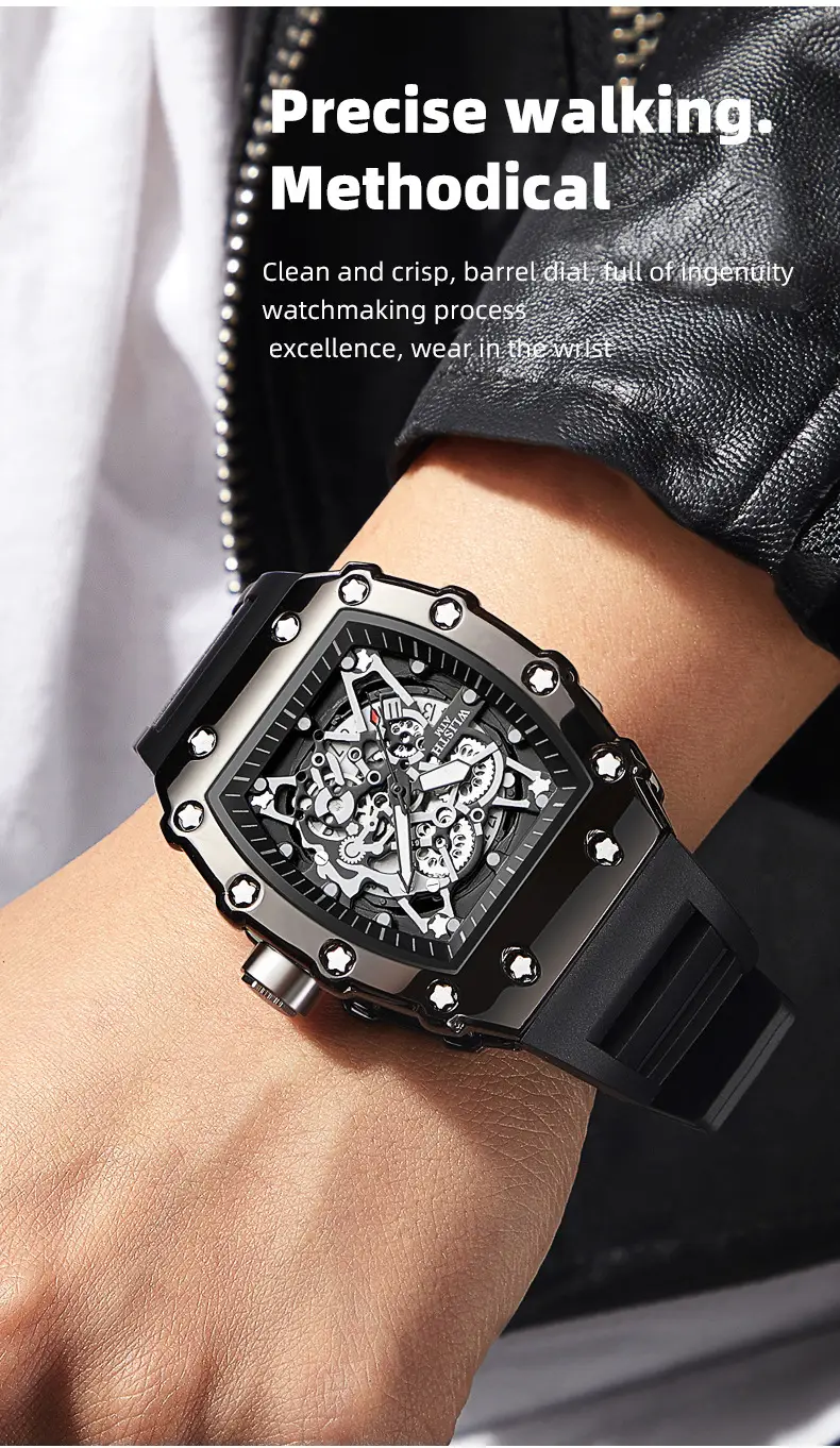 Men's Rose Gold Skeleton Watch with Black Strap — feature 4
