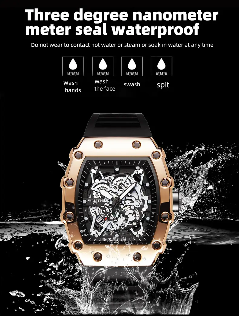 Men's Rose Gold Skeleton Watch with Black Strap — feature 6