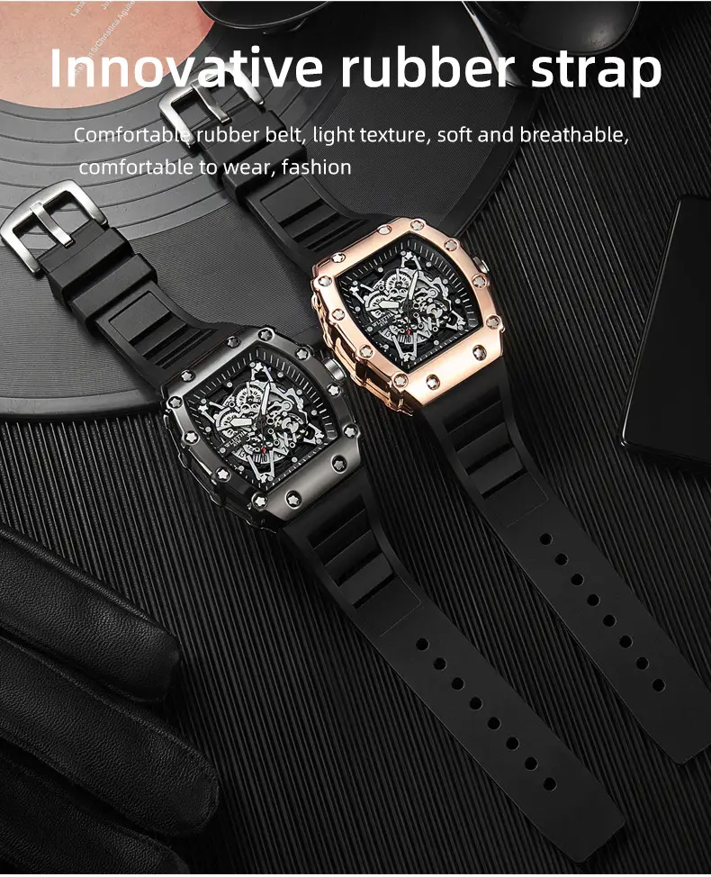 Men's Rose Gold Skeleton Watch with Black Strap — feature 9