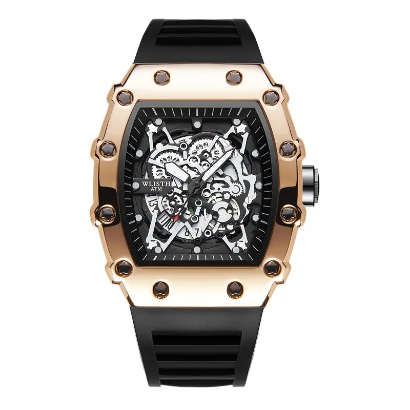 Men's Rose Gold Skeleton Watch with Black Strap - Image 2