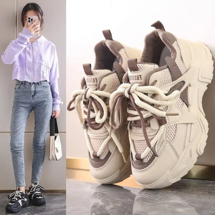 Women Thick Mesh Dad Shoes Black White Casual Summer - Image 3