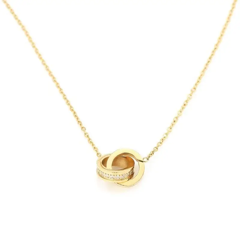 Double Ring Necklace with Full Diamond Zircon Clavicle Rose Gold - Image 7