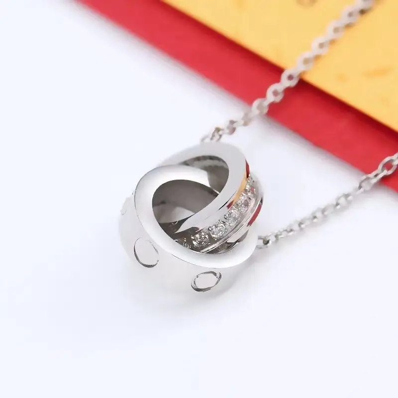 Double Ring Necklace with Full Diamond Zircon Clavicle Rose Gold - Image 2