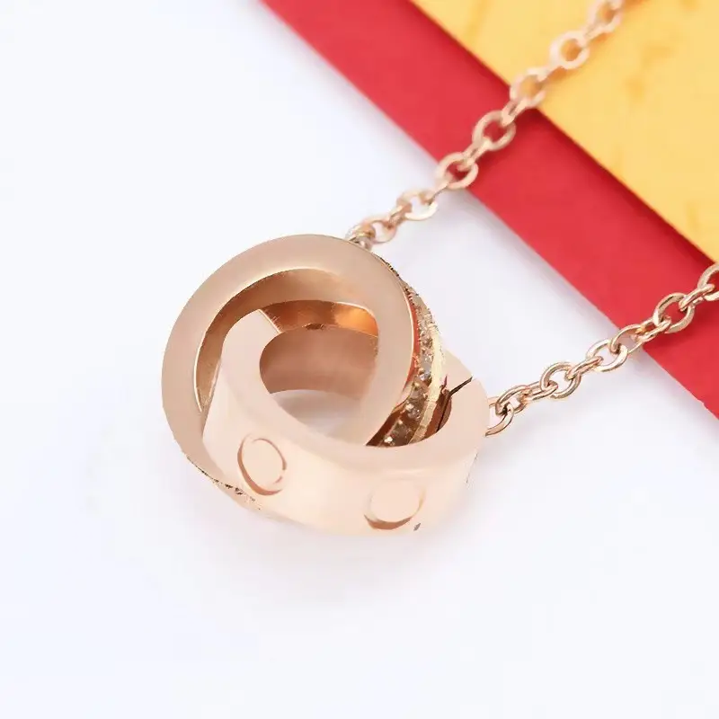 Double Ring Necklace with Full Diamond Zircon Clavicle Rose Gold - Image 3