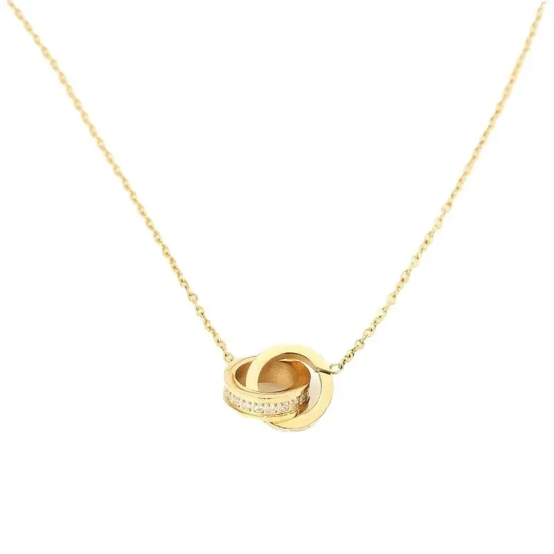 Double Ring Necklace with Full Diamond Zircon Clavicle Rose Gold - Image 8