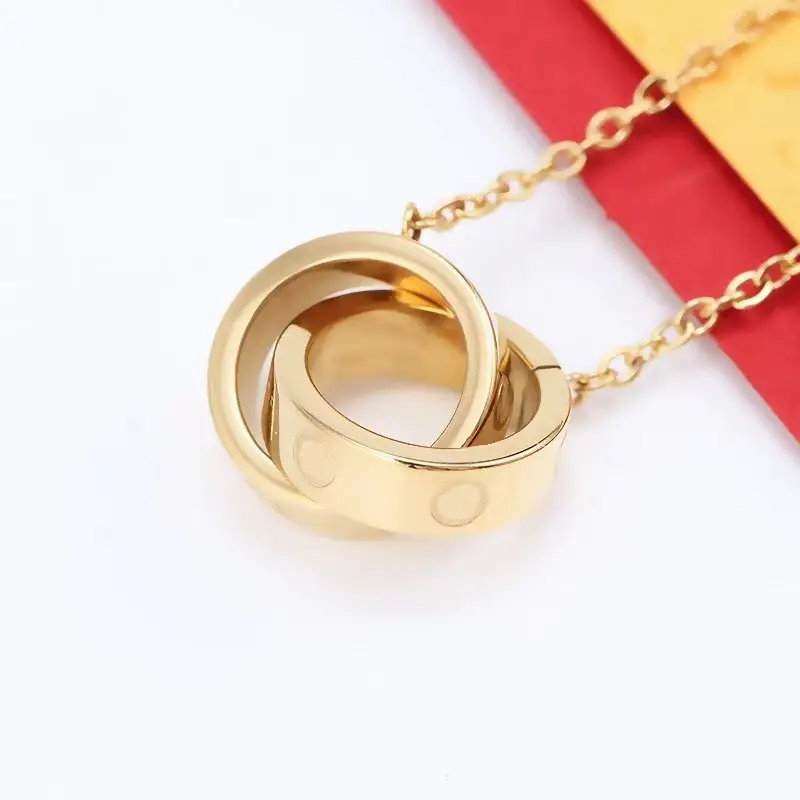 Double Ring Necklace with Full Diamond Zircon Clavicle Rose Gold - Image 4