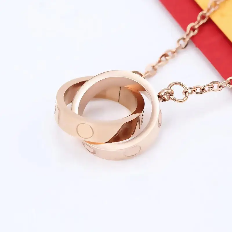 Double Ring Necklace with Full Diamond Zircon Clavicle Rose Gold - Image 5