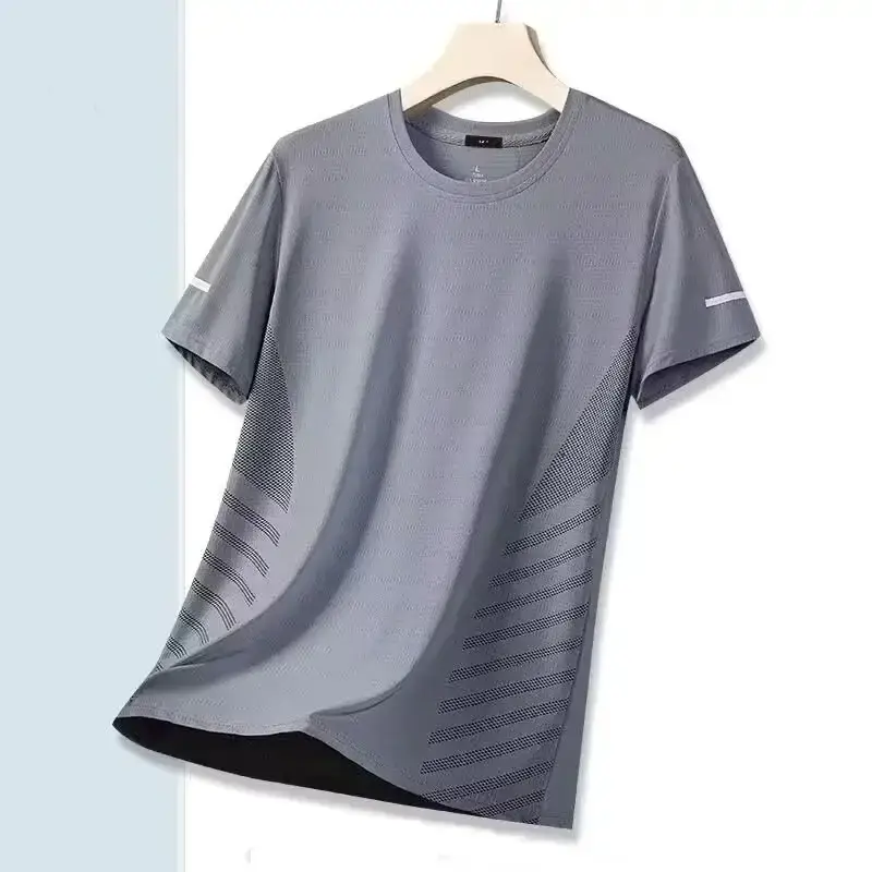 Men Grey Ice Silk T-Shirt Short Sleeve Breathable - Image 15