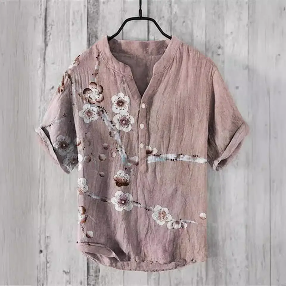 Casual Plum Blossom Print Men's Shirt Green Plus Size - Image 15